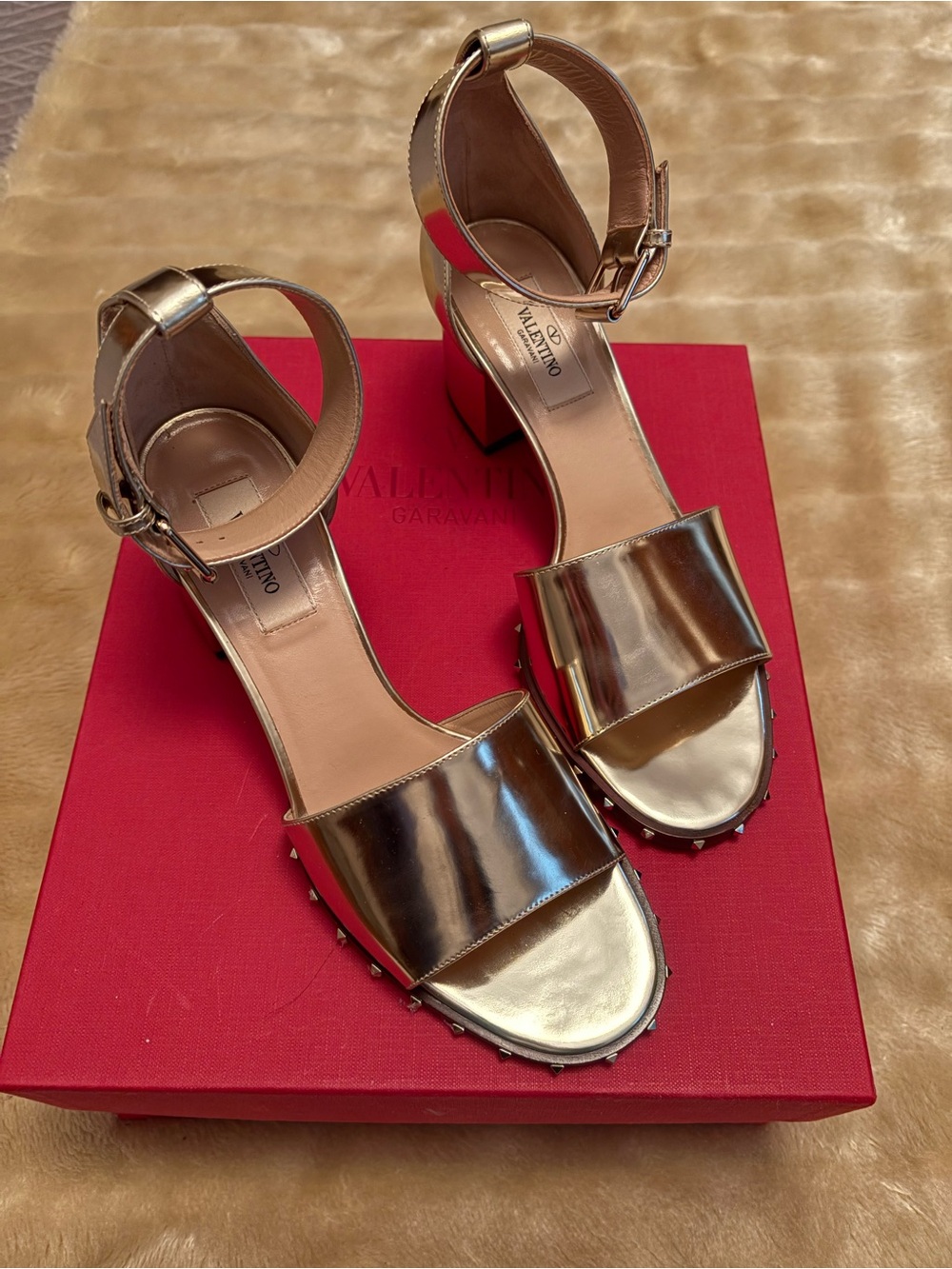 Valentino Garavani Metallic Block Heel Ankle-Strap Sandals - Size 37 1/2